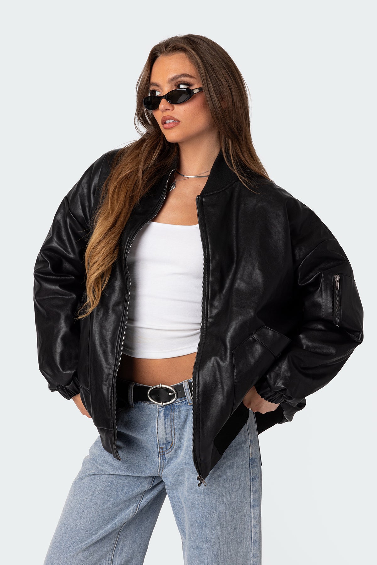 Faux Leather Oversized Bomber Jacket