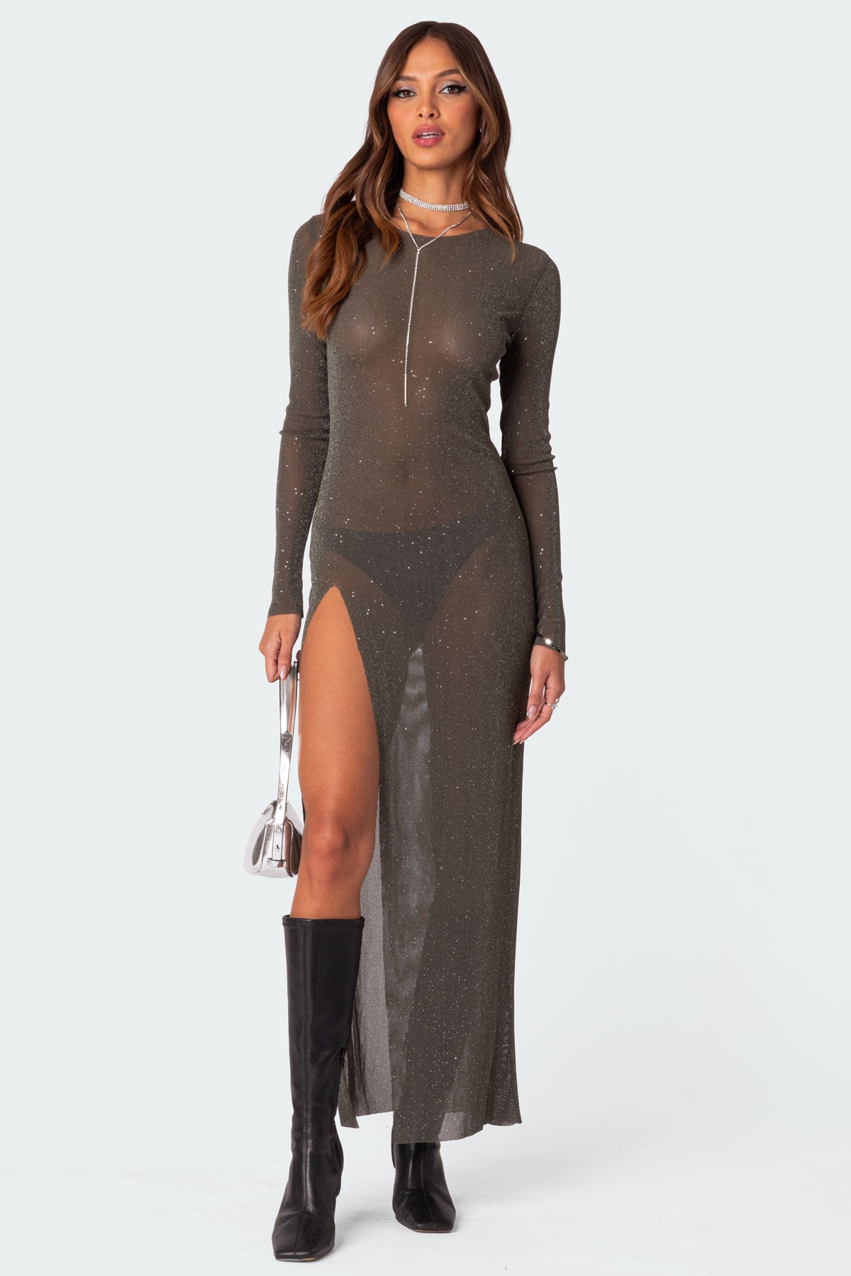 Glitter Mesh Slitted Maxi Dress