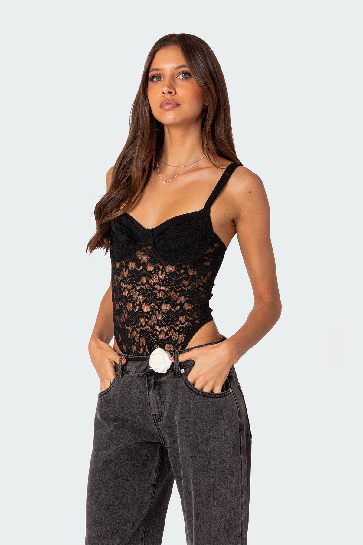 Lace & Satin Effect Cupped Bodysuit