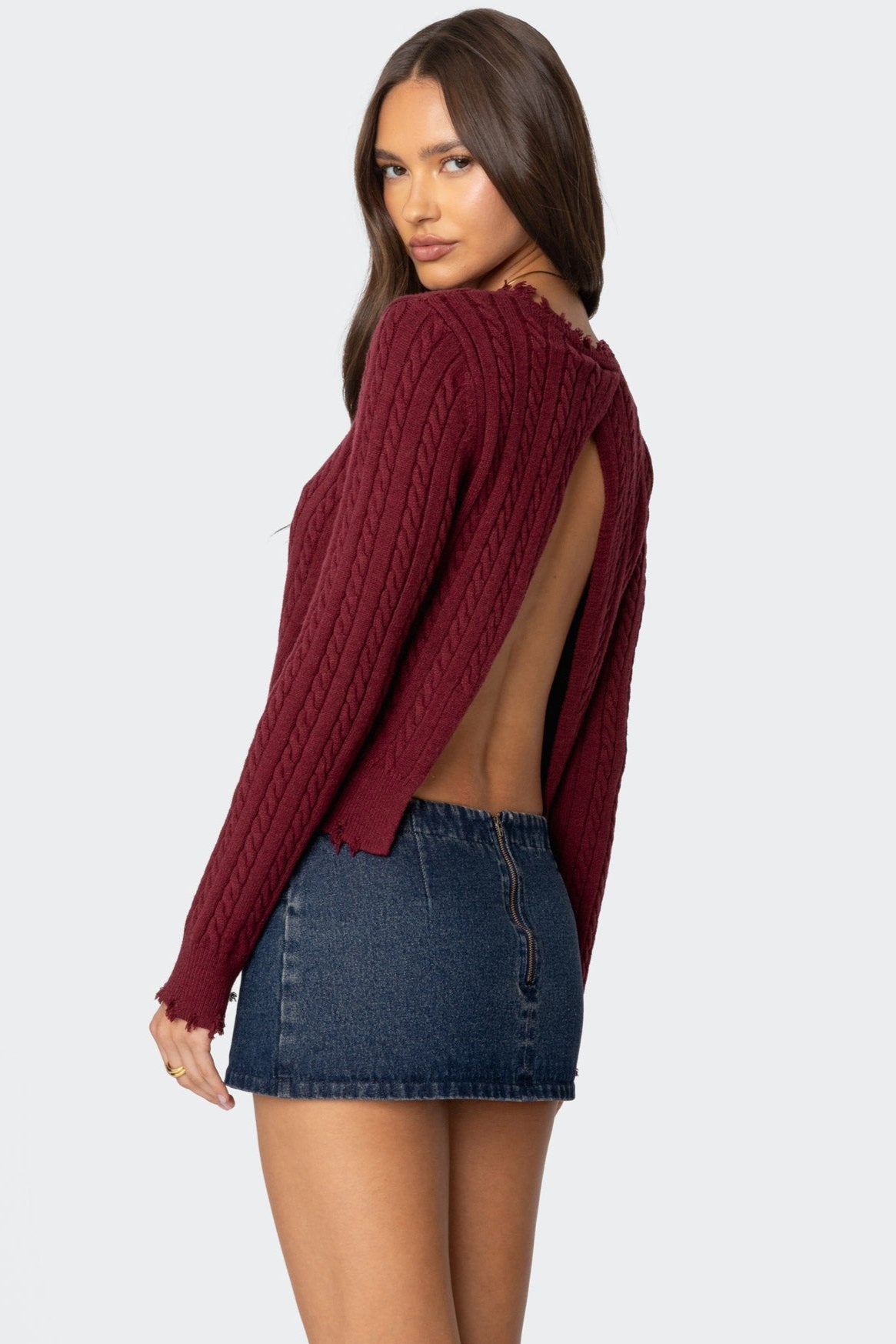 Split Open Back Cable Knit Sweater