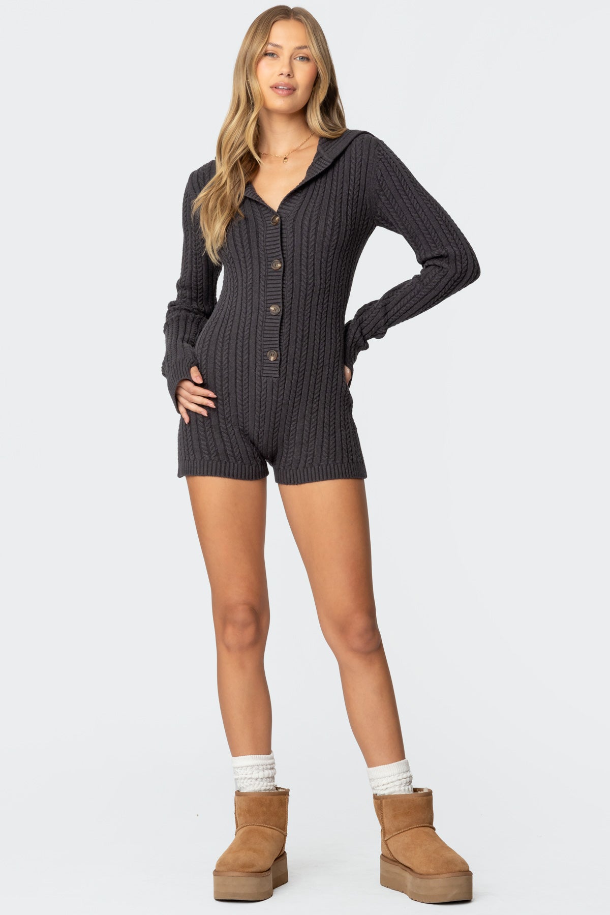 Hooded Cable Knit Romper