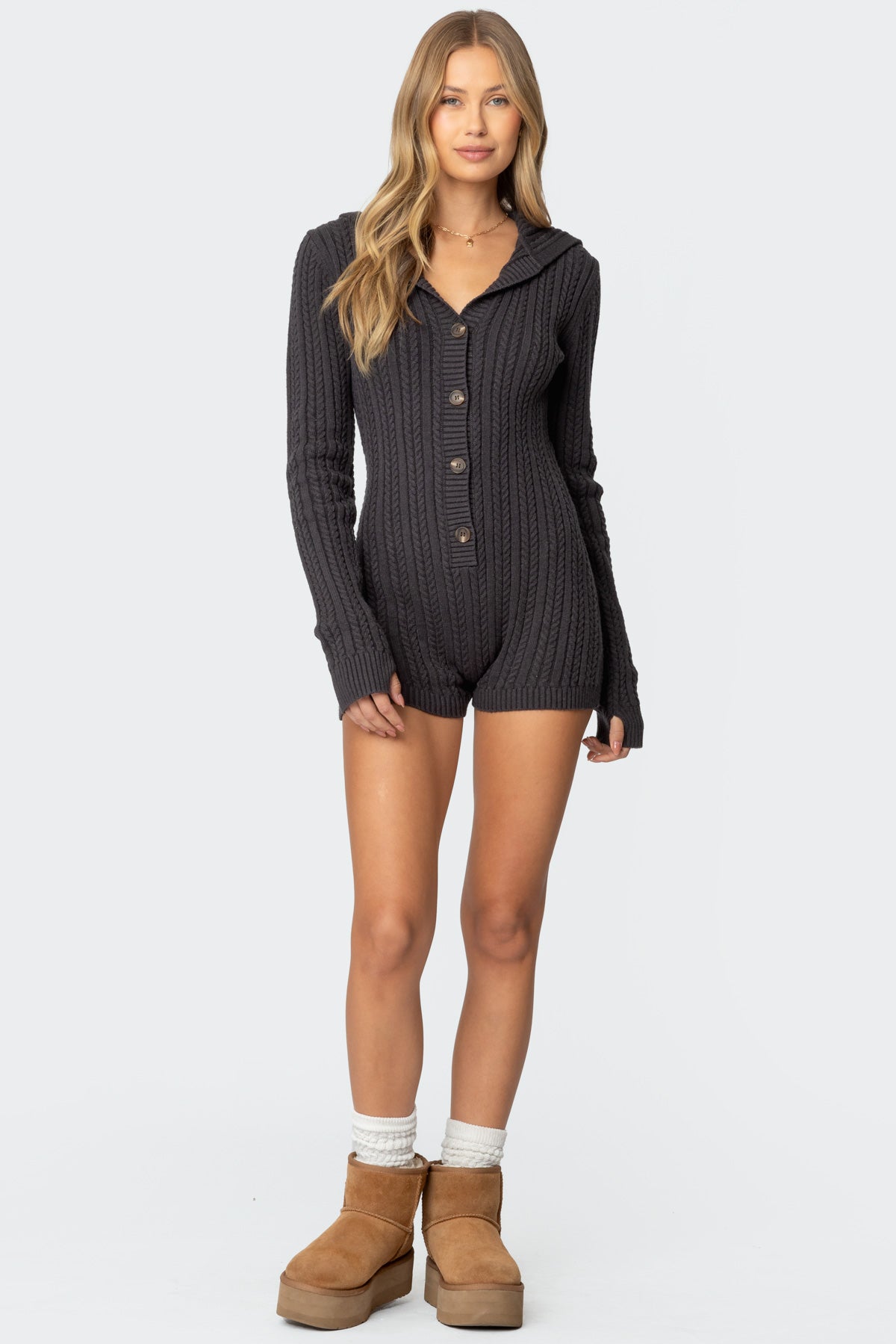 Hooded Cable Knit Romper