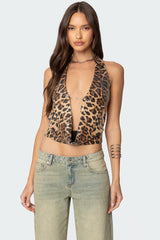 Sequin Leopard Printed Cowl Neck Top