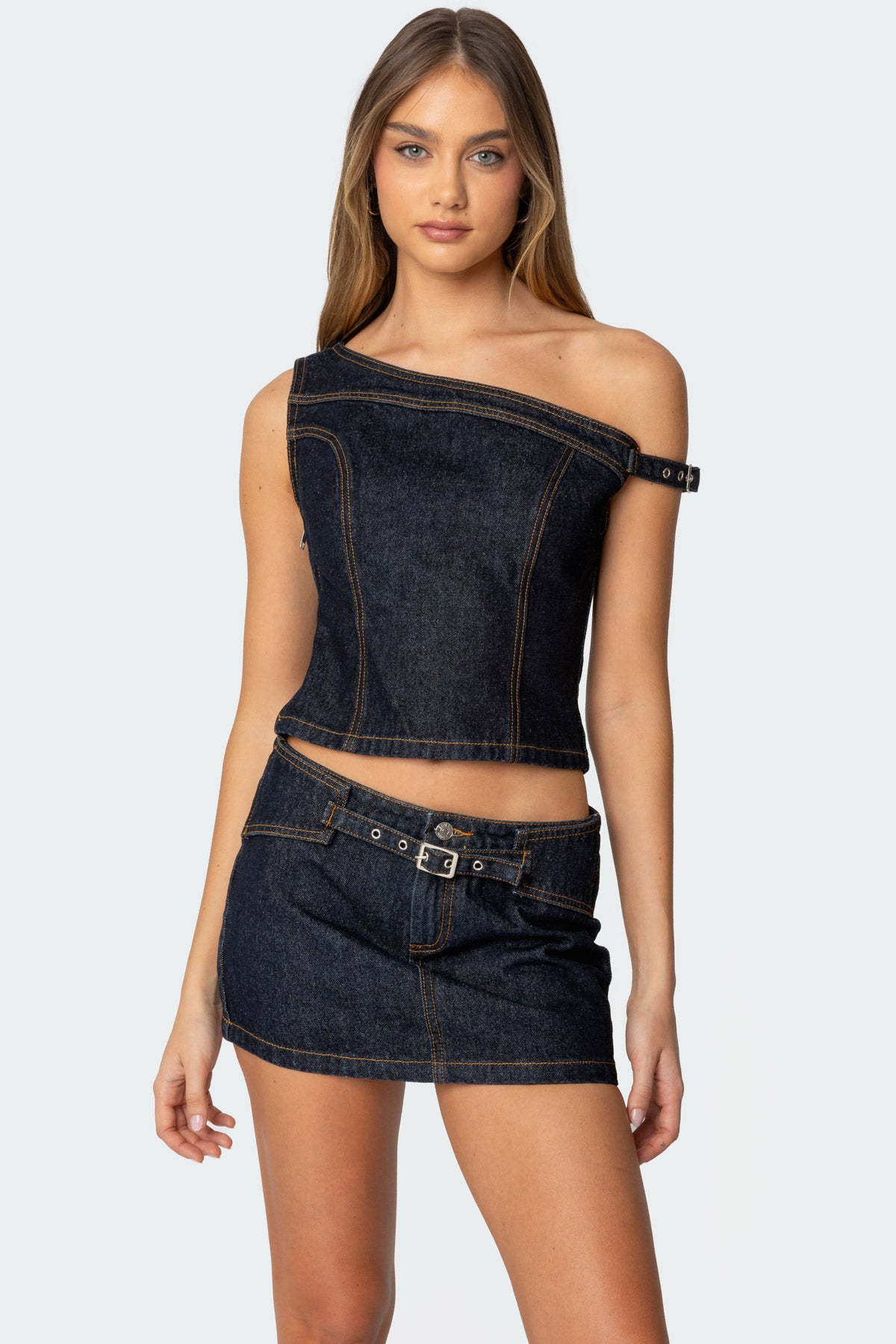 Keira Buckled Asymmetric Denim Top