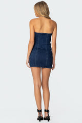 Ruched Strapless Denim Mini Dress