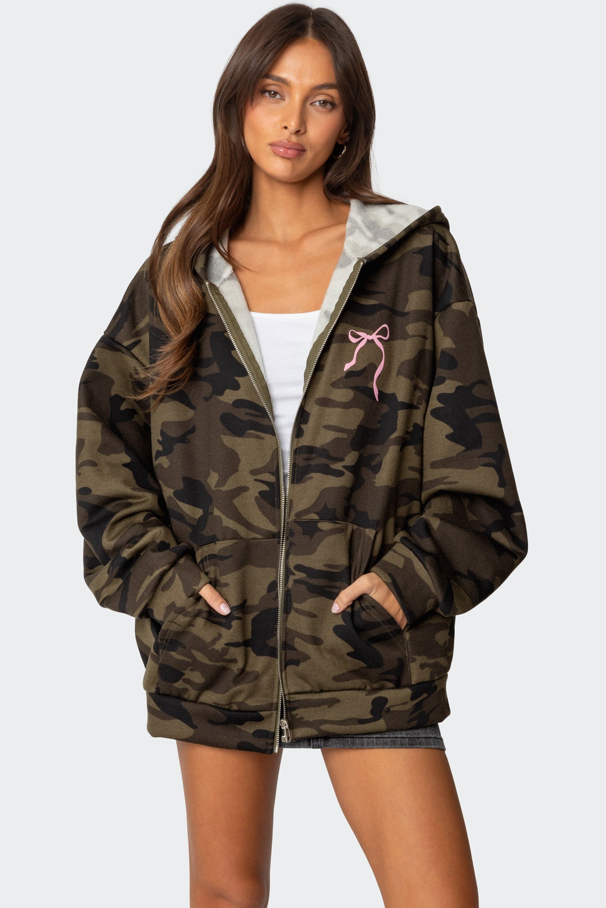 Camo Oversized Bow Detail Hoodie