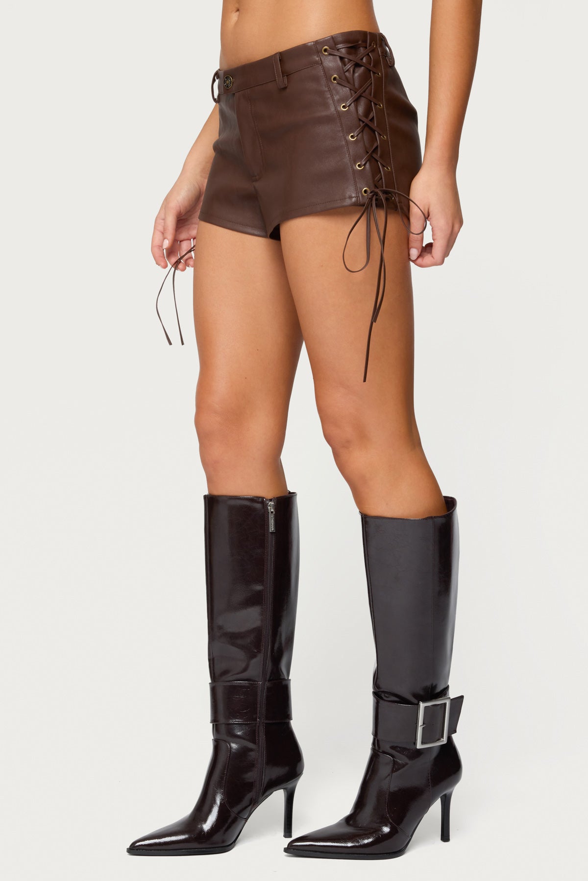 Kariss Lace Up Faux Leather Micro Shorts