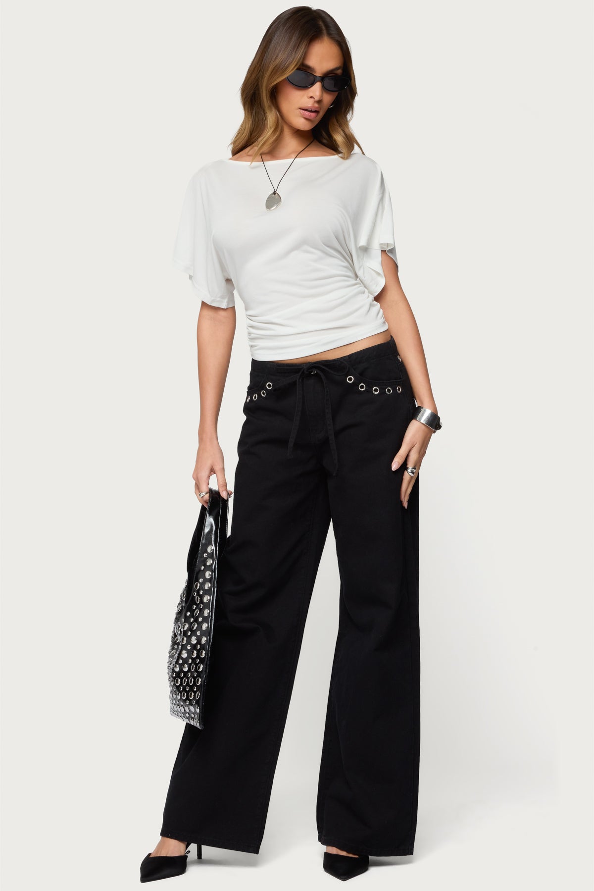 Grommet Tie Waist Low Rise Baggy Jeans