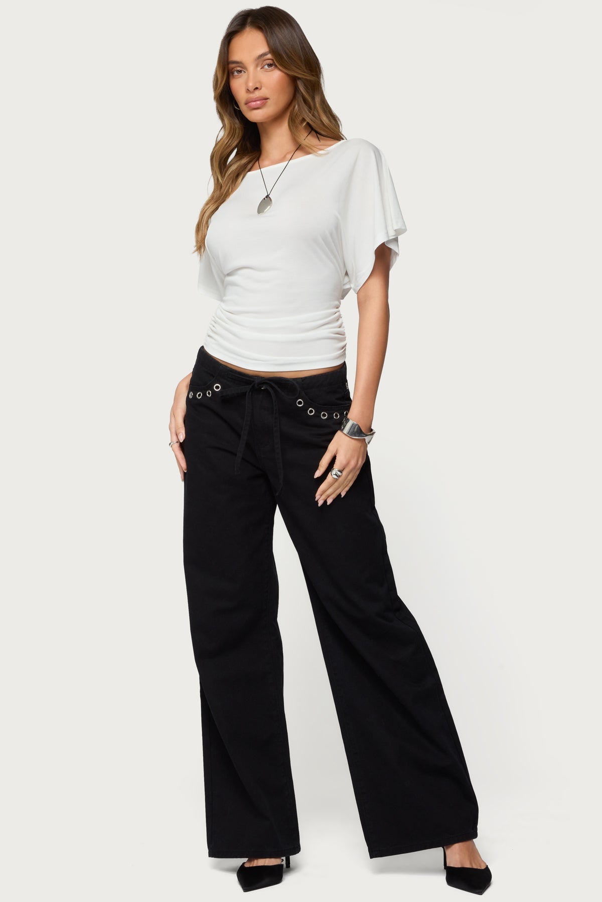Grommet Tie Waist Low Rise Baggy Jeans