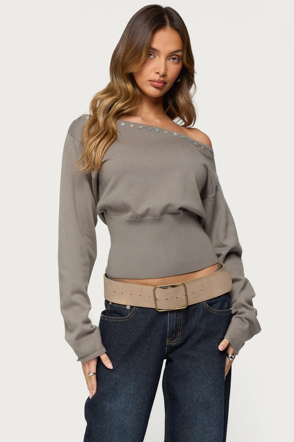 Carmela Iridescent Button Off Shoulder Sweater