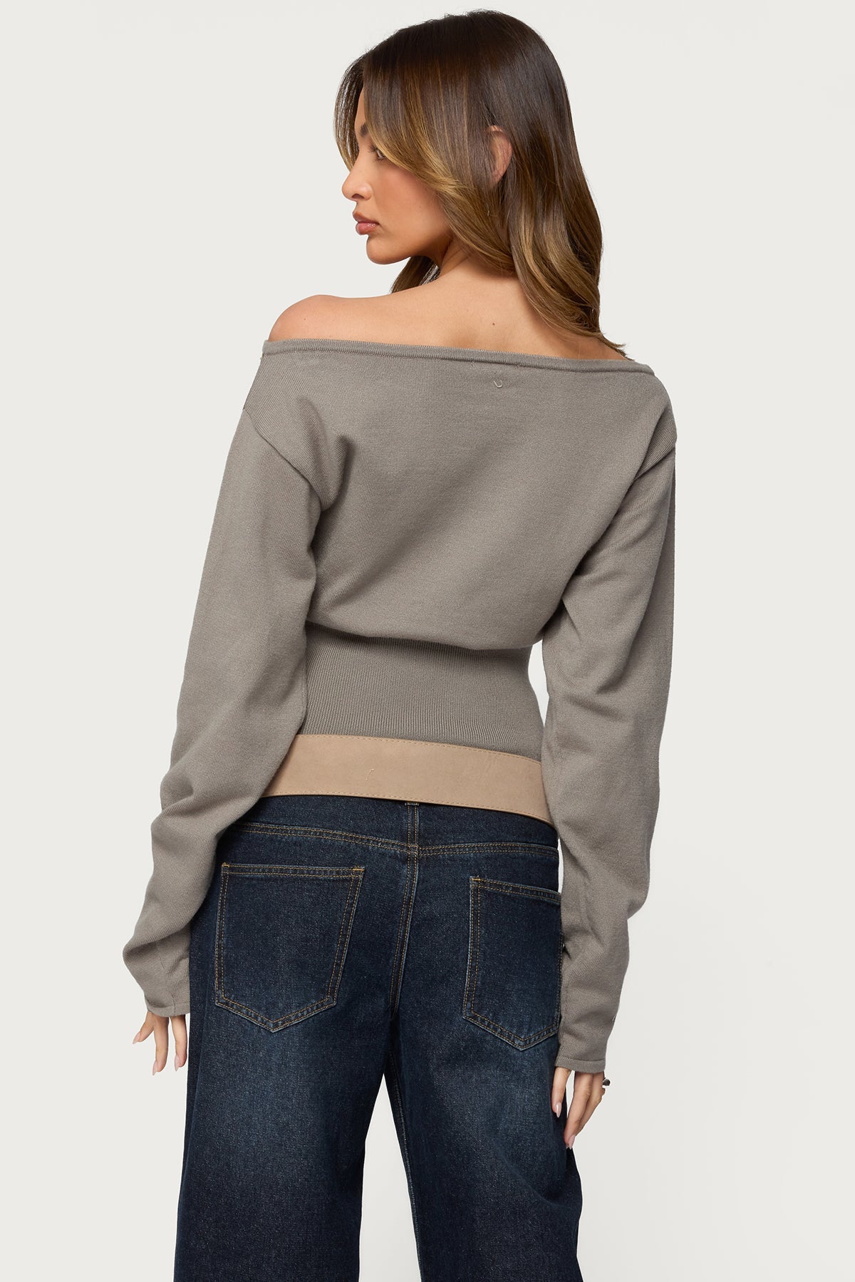 Carmela Iridescent Button Off Shoulder Sweater