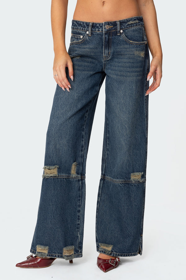 Slitted Distressed Low Rise Jeans