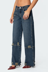 Slitted Distressed Low Rise Jeans