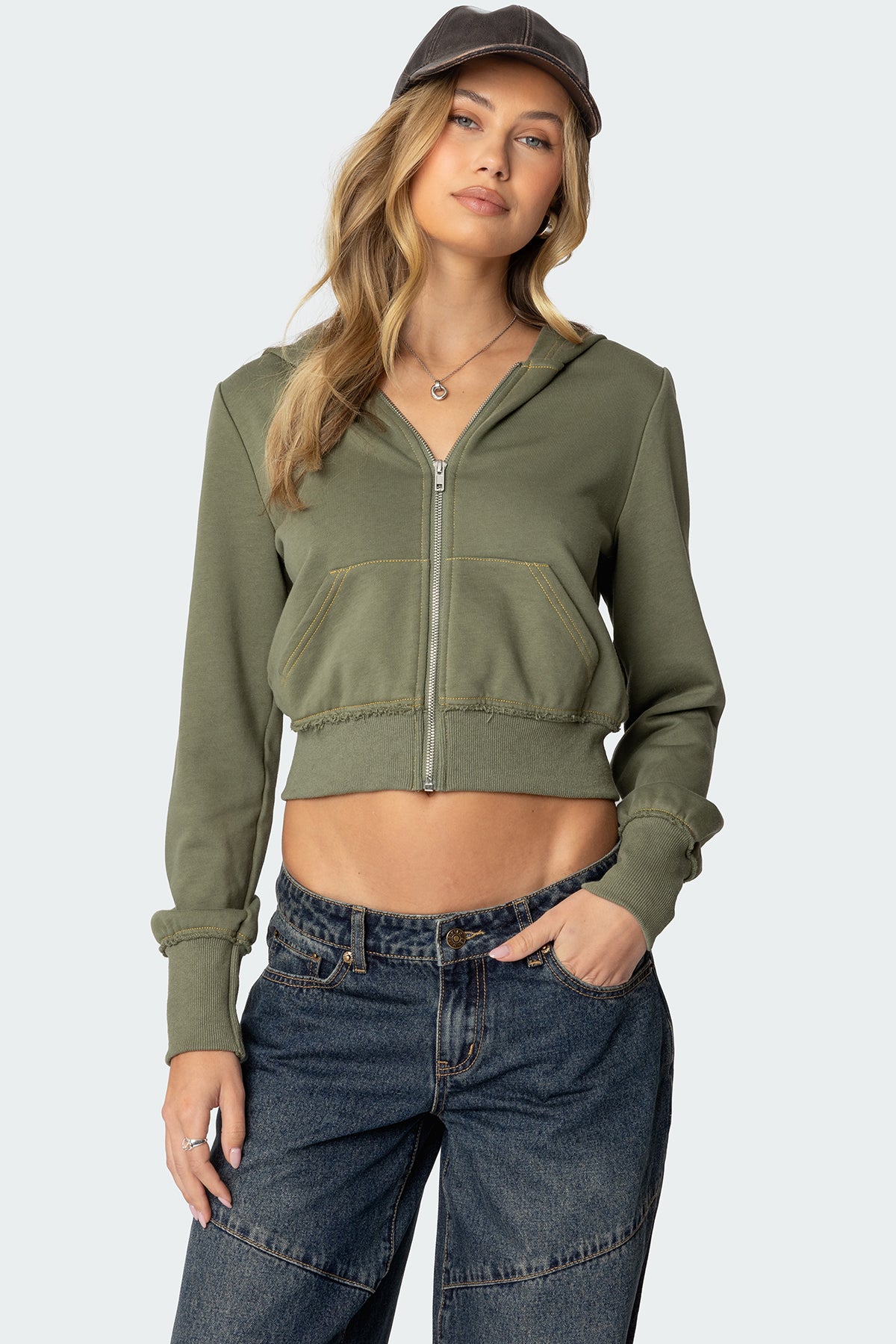 Distressed Stitch Cropped Hoodie