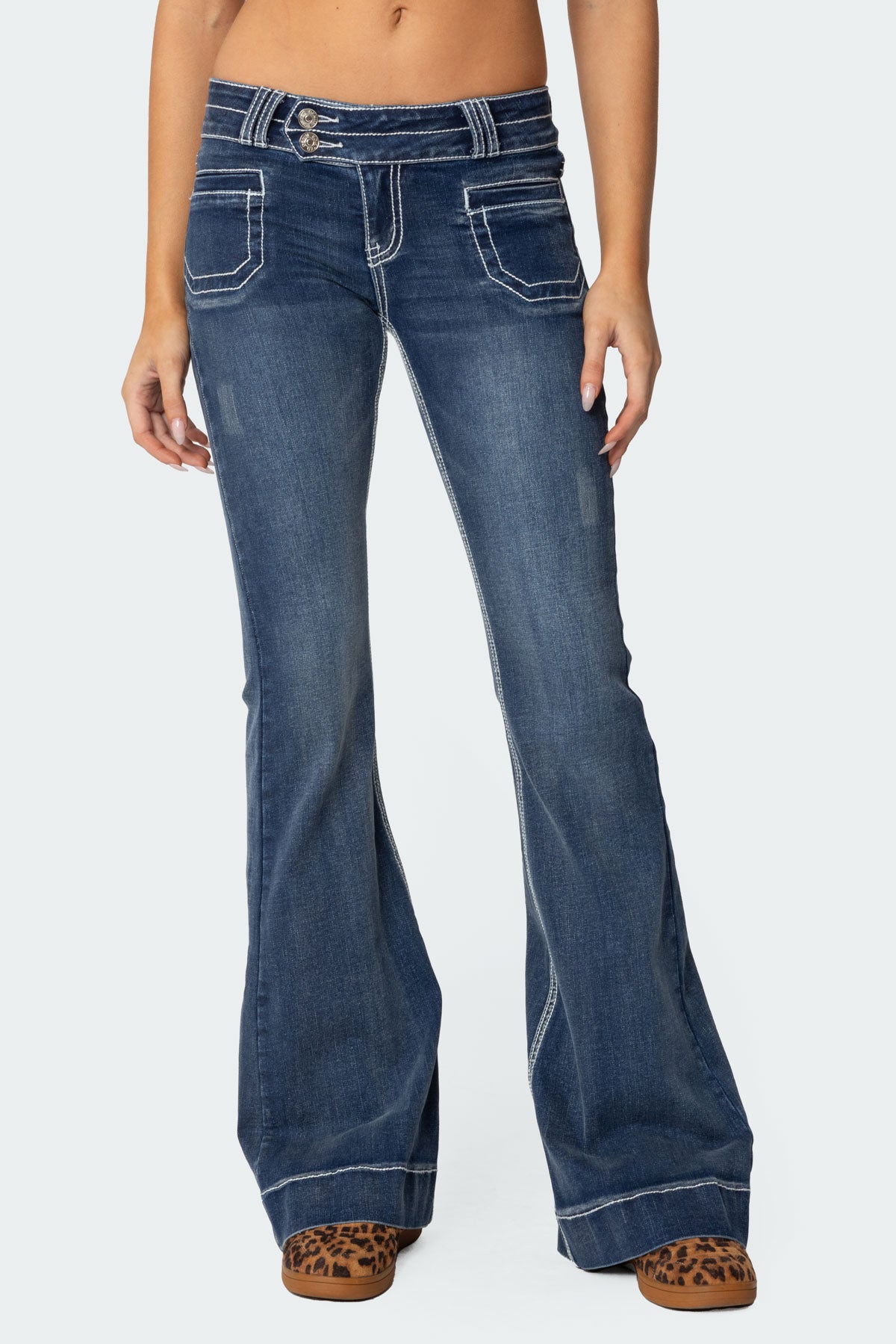 Contrast Stitch Low Rise Flared Jeans