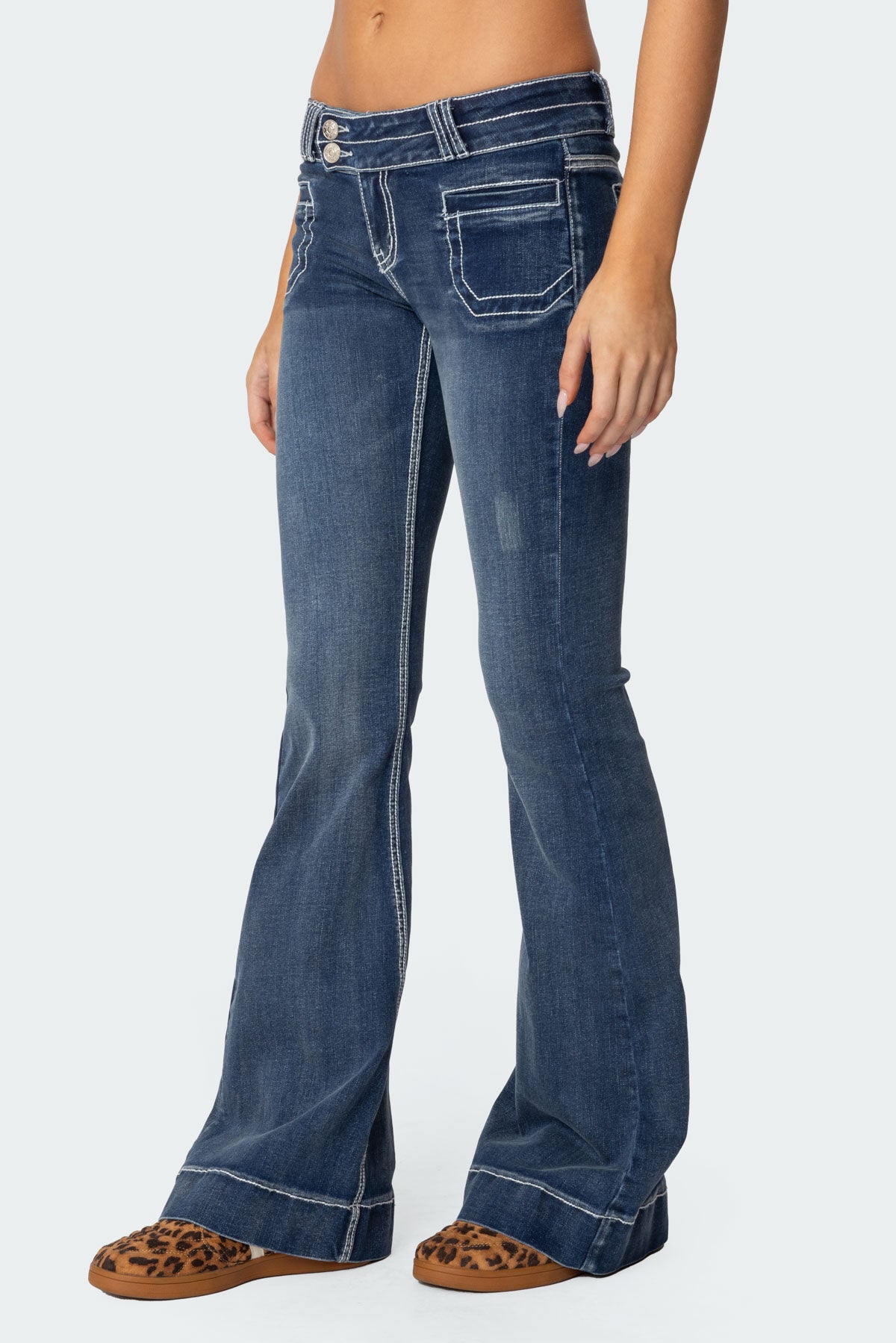 Contrast Stitch Low Rise Flared Jeans