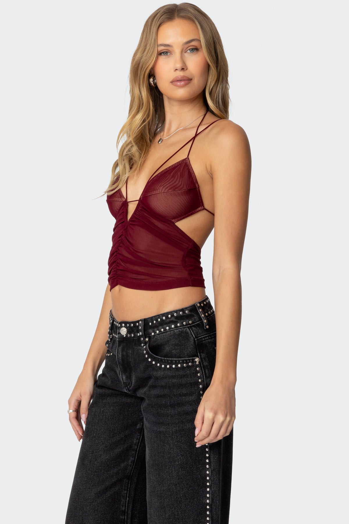 Strappy Ruched Mesh Top