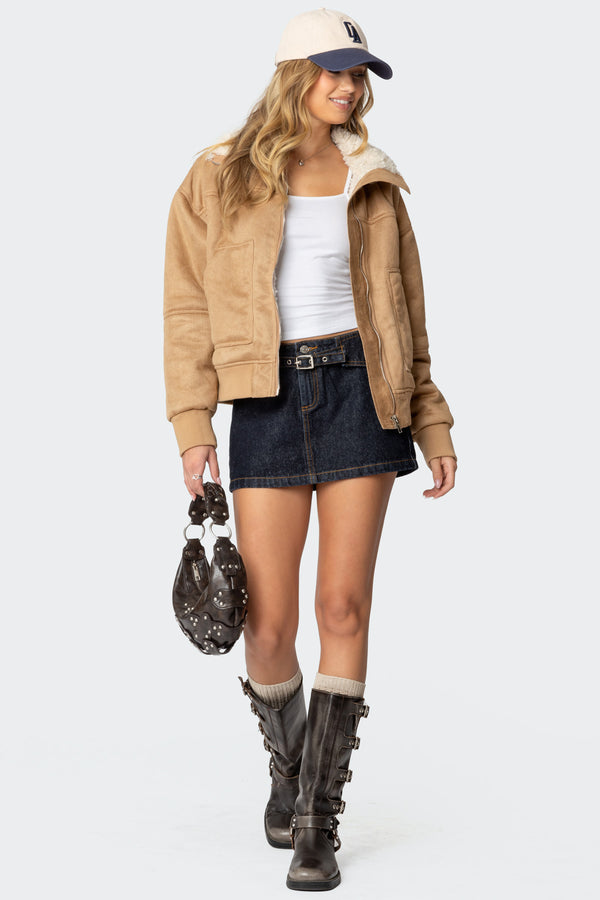 Faux Suede Shearling Bomber Jacket