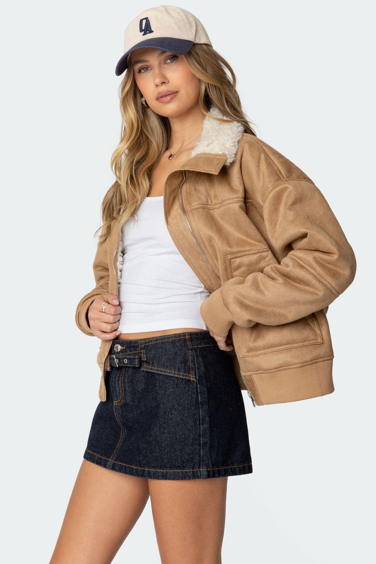 Faux Suede Shearling Bomber Jacket