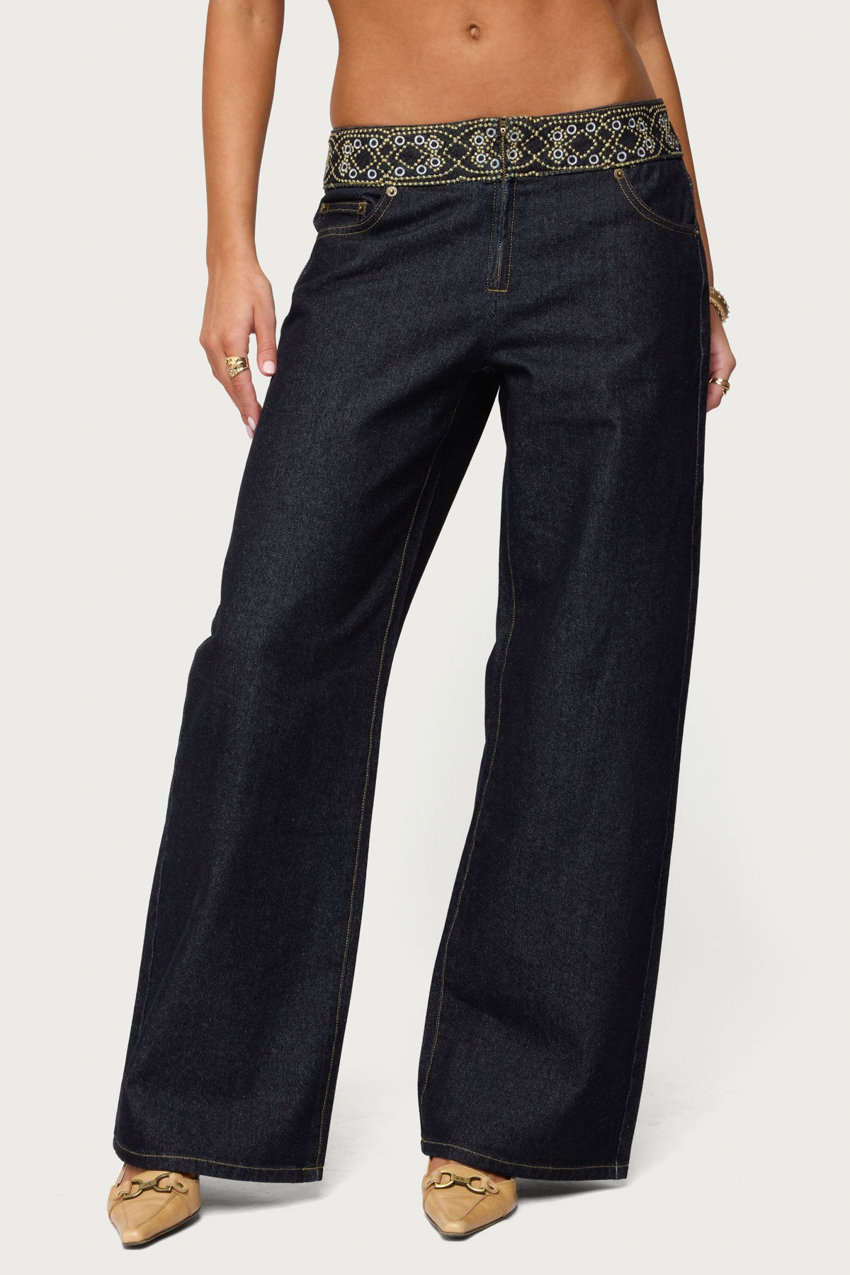 Carlie Embroidered Low Rise Wide Leg Jeans