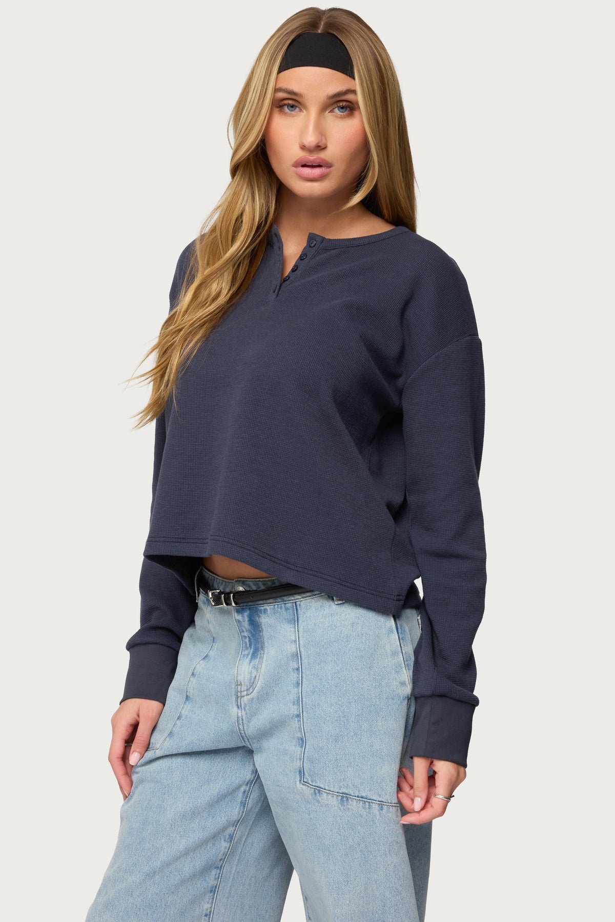 Deni Long Sleeve Henley Waffle Top