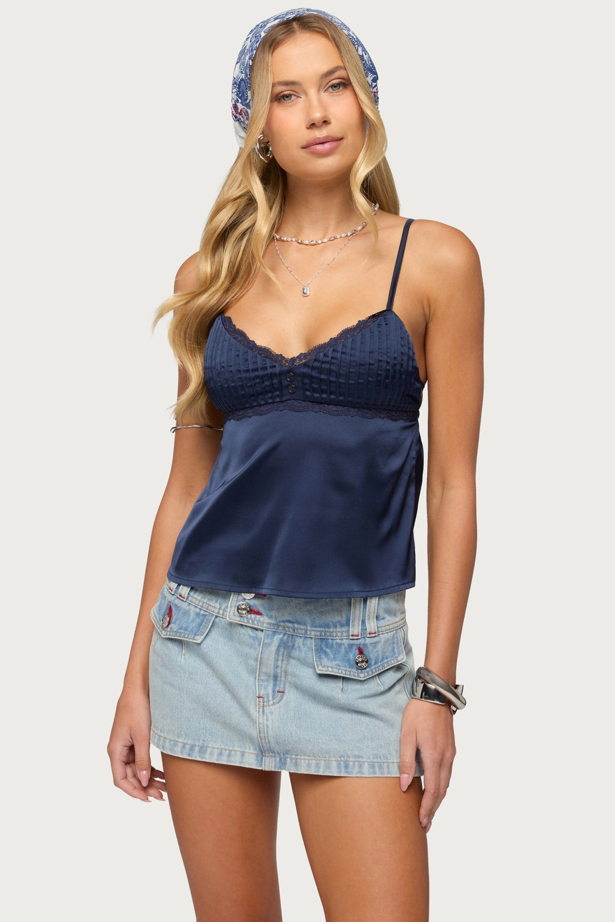 Blanca Satin Effect Lace Trim Tank Top