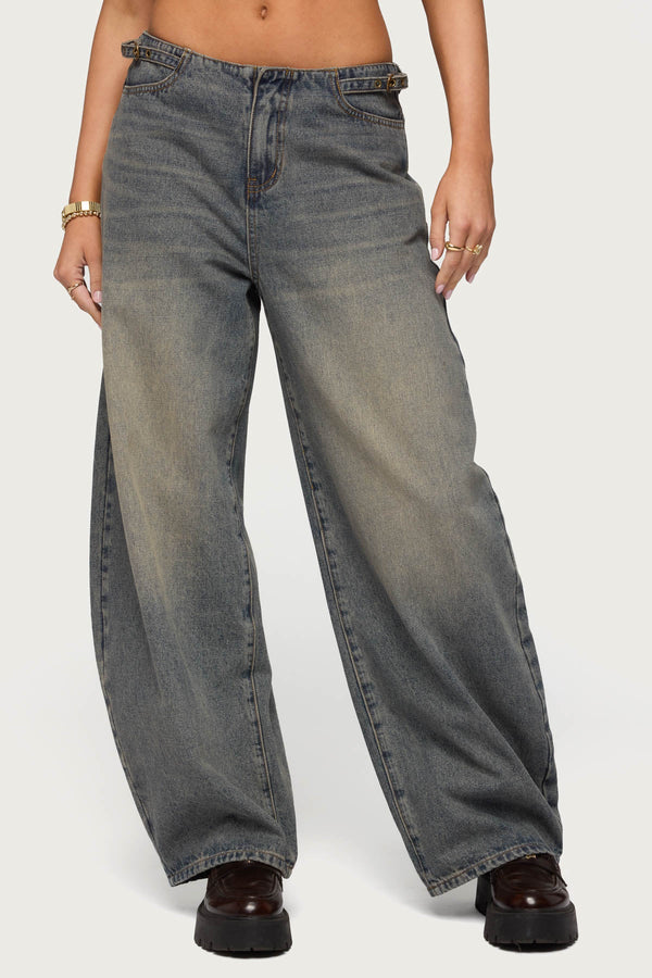 Side Belt Low Rise Barrel Jeans