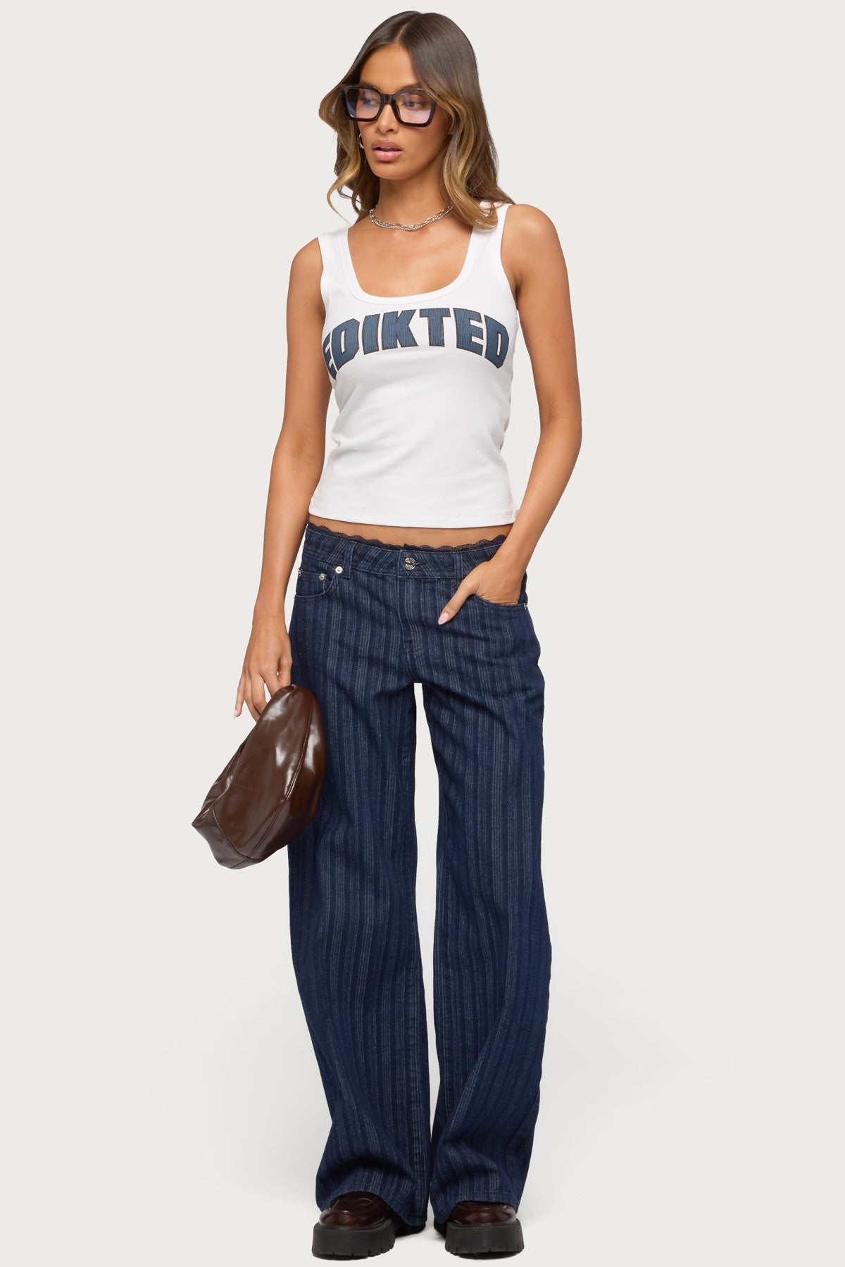 Lace Trim Striped Low Rise Baggy Jeans