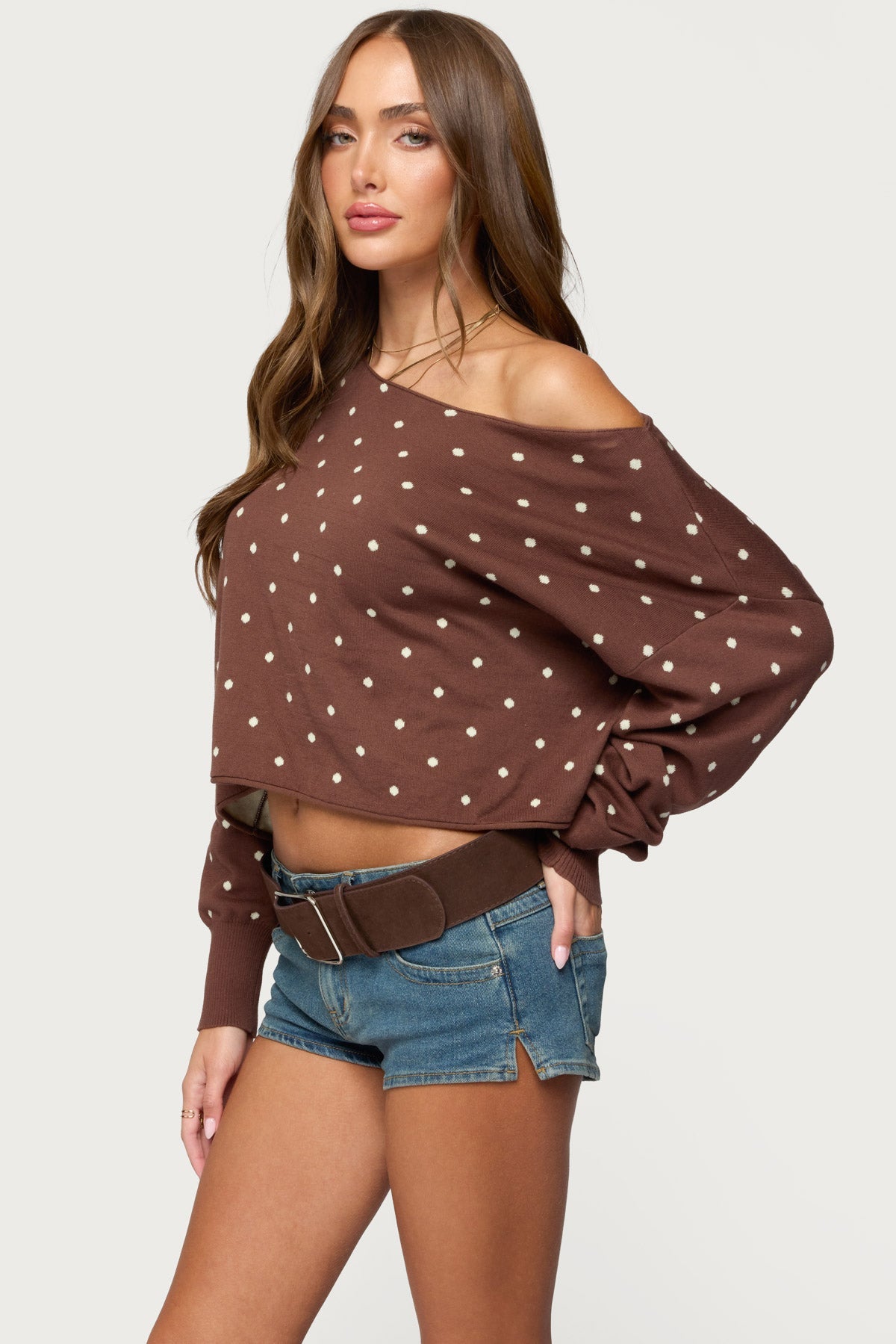 Oversized Off Shoulder Polka Dot Sweater