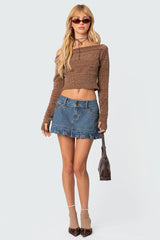 Pleated Hem Washed Denim Mini Skirt