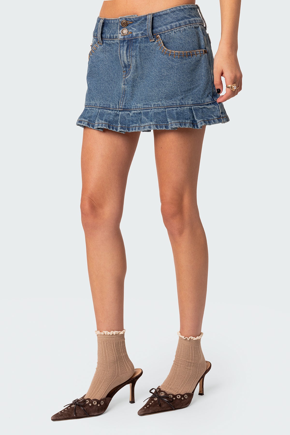 Pleated Hem Washed Denim Mini Skirt