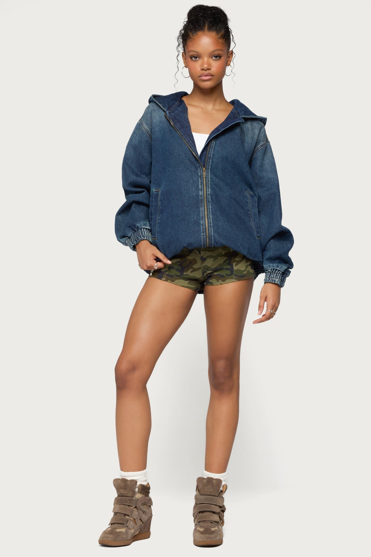 Hooded Vintage Washed Denim Bomber Jacket