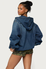 Hooded Vintage Washed Denim Bomber Jacket