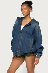 Hooded Vintage Washed Denim Bomber Jacket