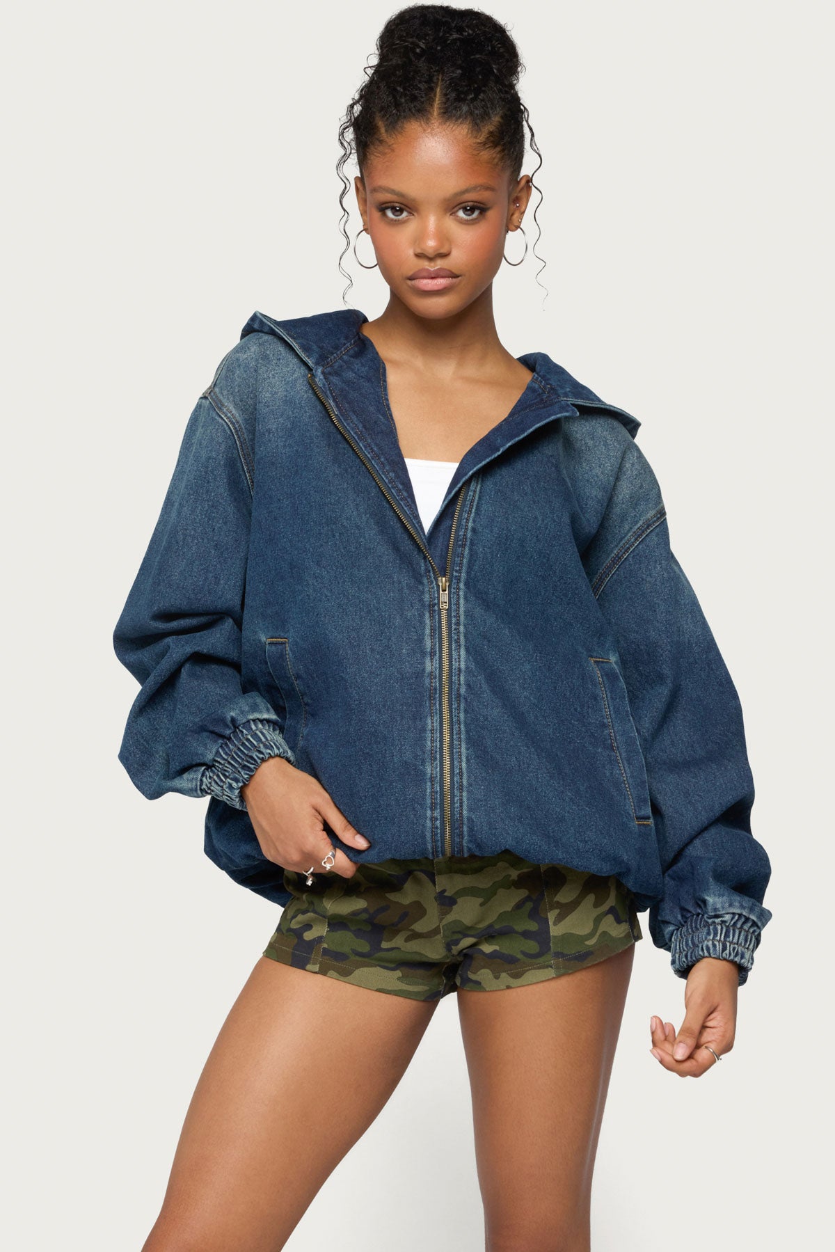 Hooded Vintage Washed Denim Bomber Jacket