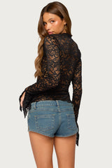 Sheer Lace Bell Sleeve Top