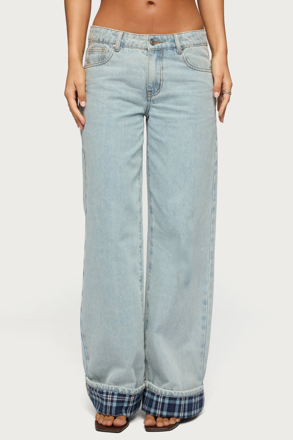 Plaid Cuffed Low Rise Baggy Jeans