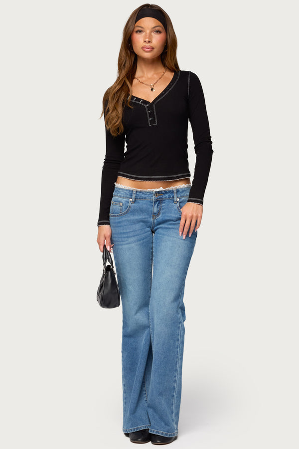 Yael Contrast Stitch Henley Top view 2