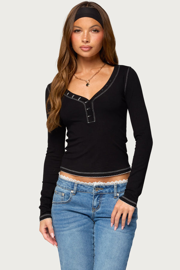 Yael Contrast Stitch Henley Top view 1