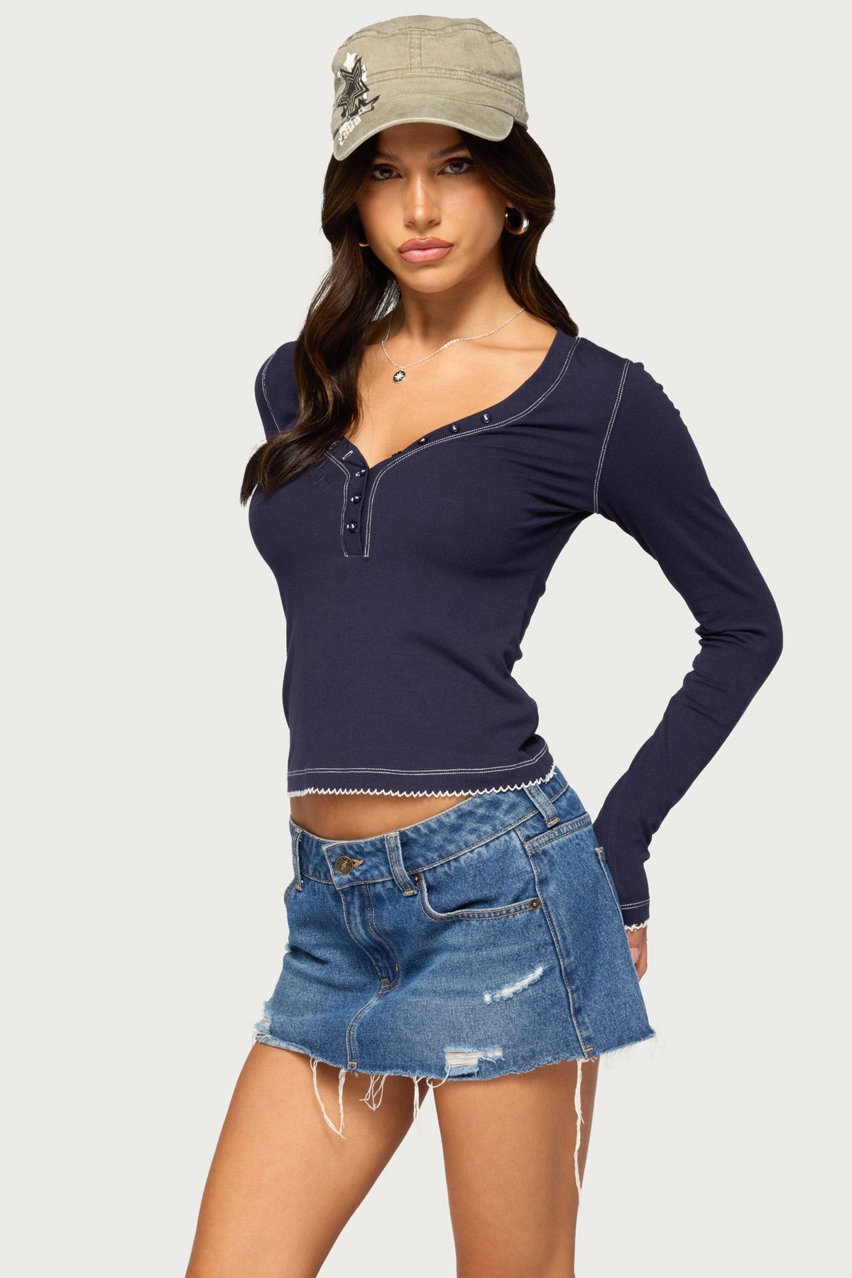 Yael Contrast Stitch Henley Top