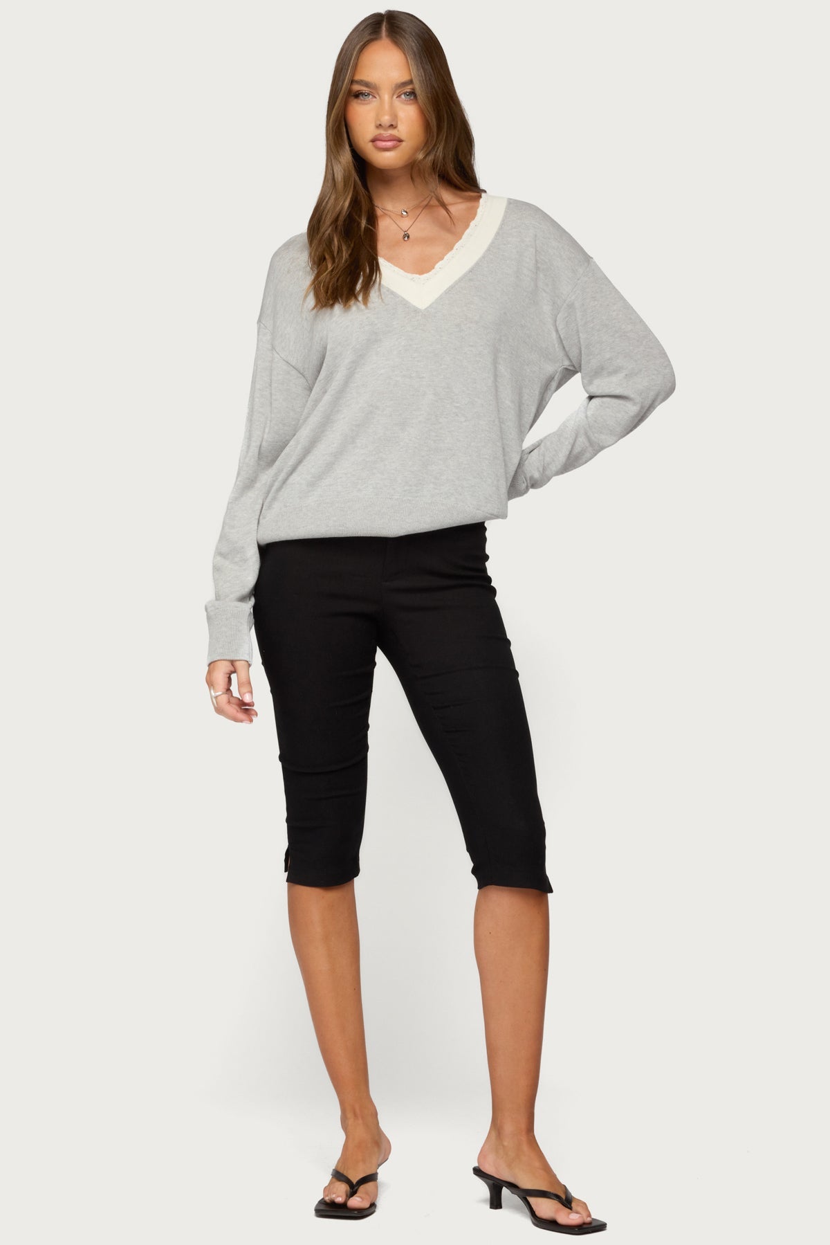 Marie Contrast Lacey V Neck Sweater
