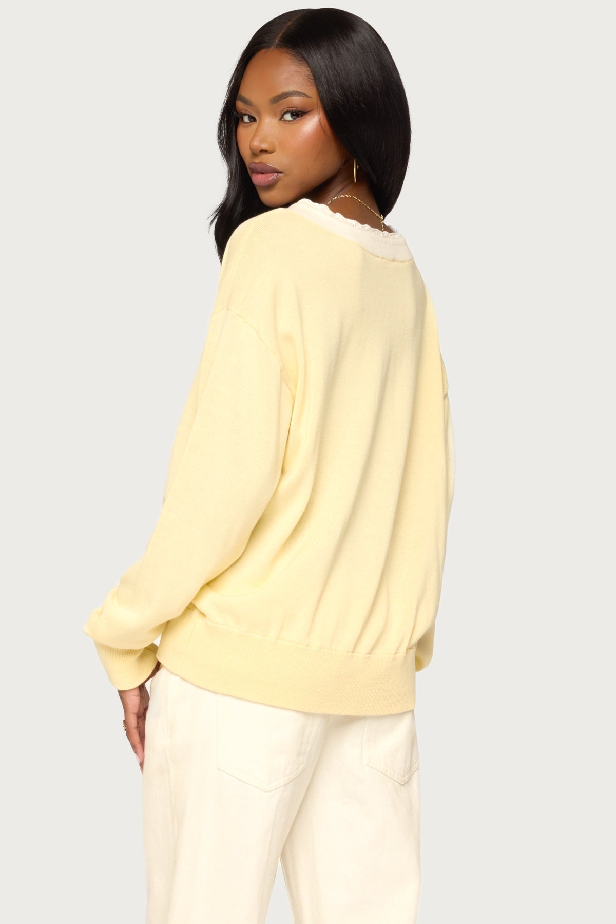 Marie Contrast Lacey V Neck Sweater
