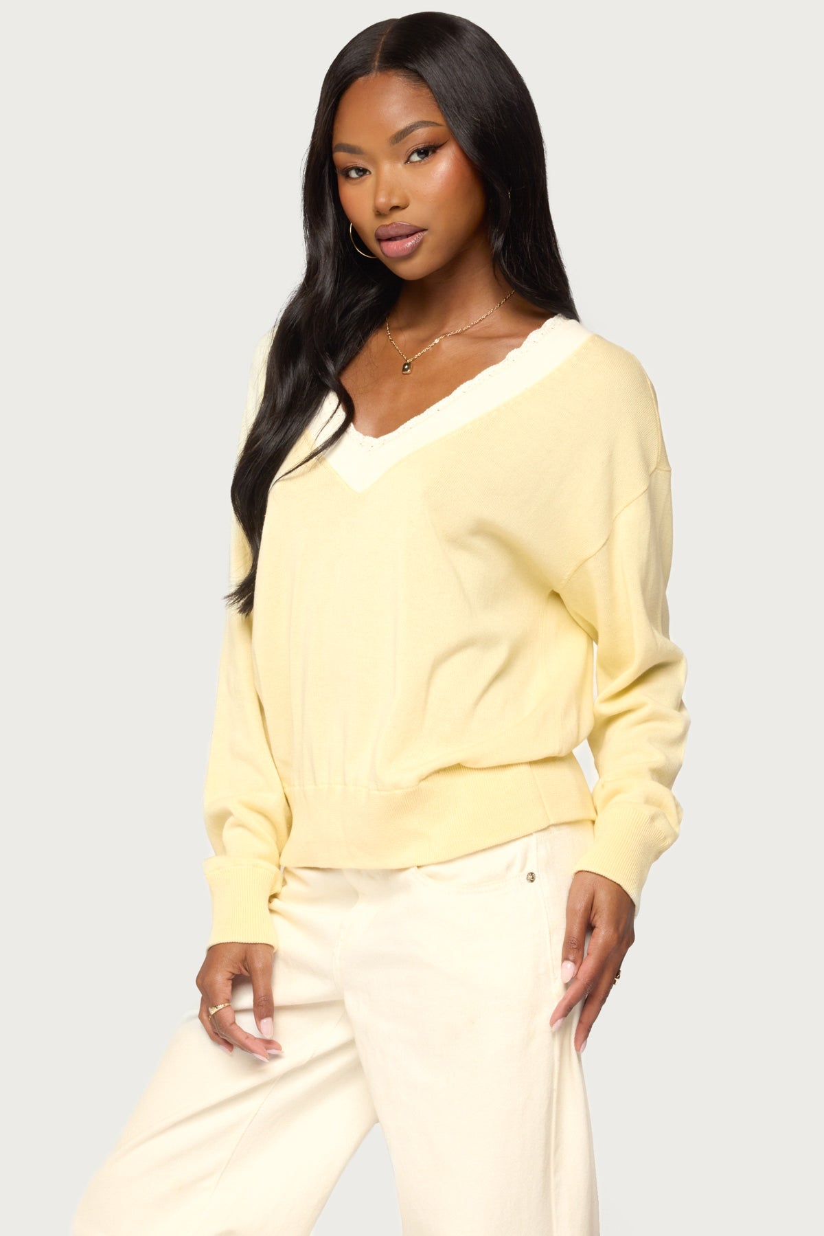 Marie Contrast Lacey V Neck Sweater