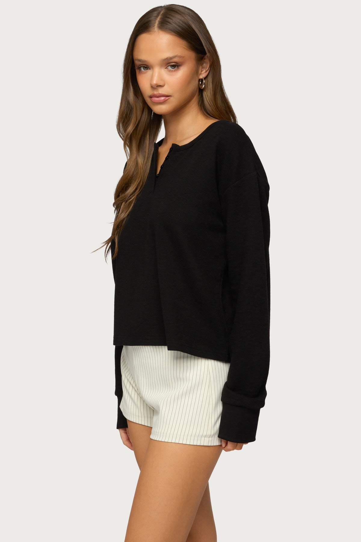 Deni Long Sleeve Henley Waffle Top