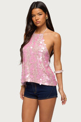 Ellorie Backless Sequin Halter Top