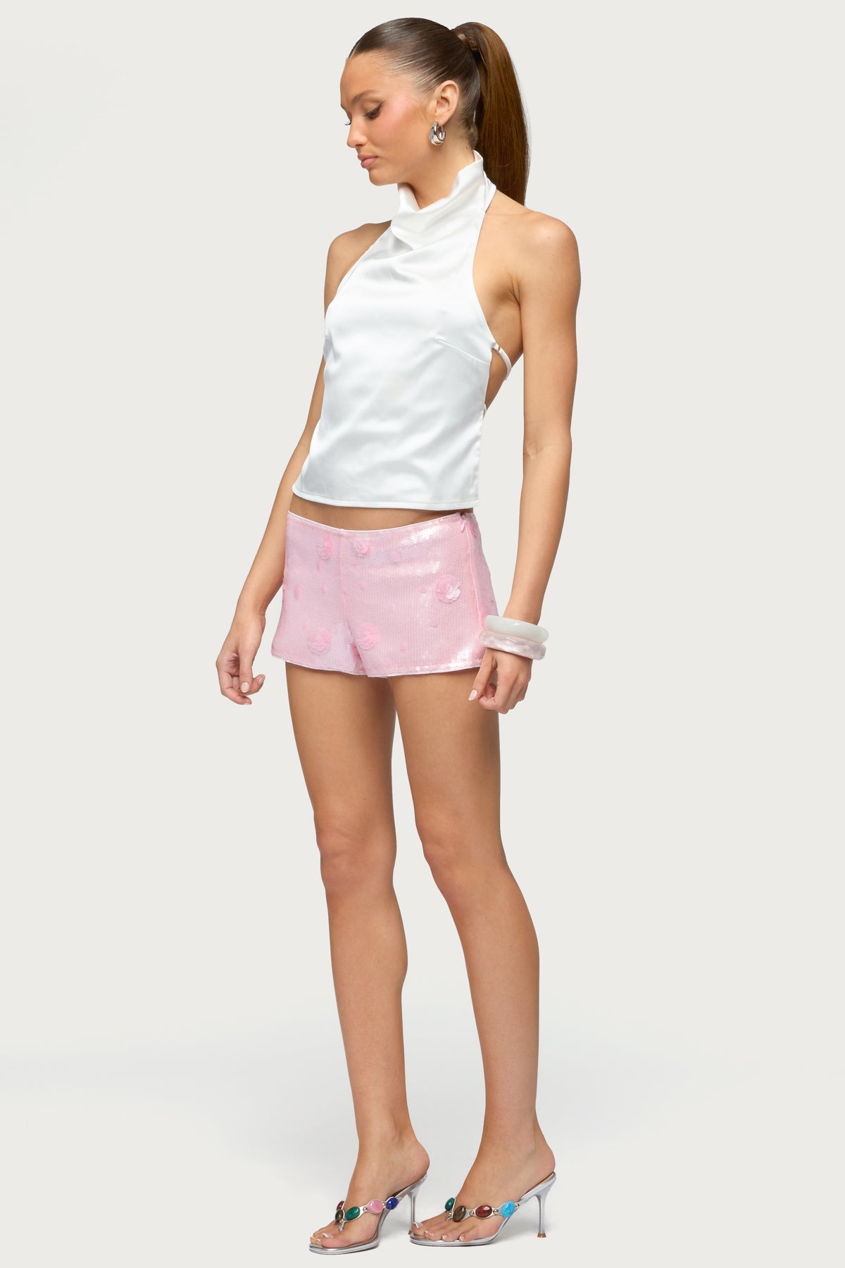 Satin Effect Backless Cowl Neck Top