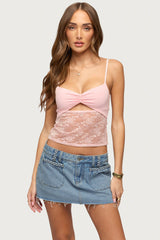 Damarie Cutout Ruched Sheer Lace Top