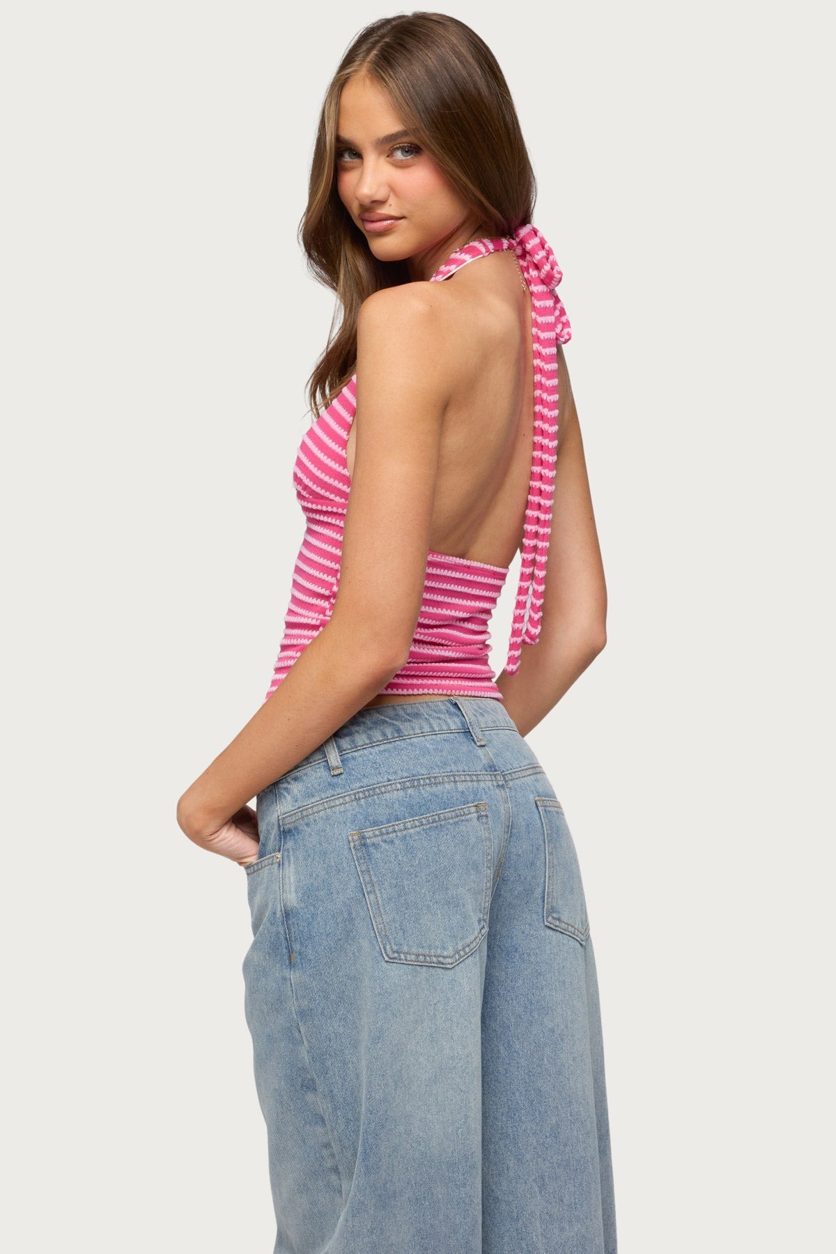 Maylah Keyhole Striped Textured Halter Top
