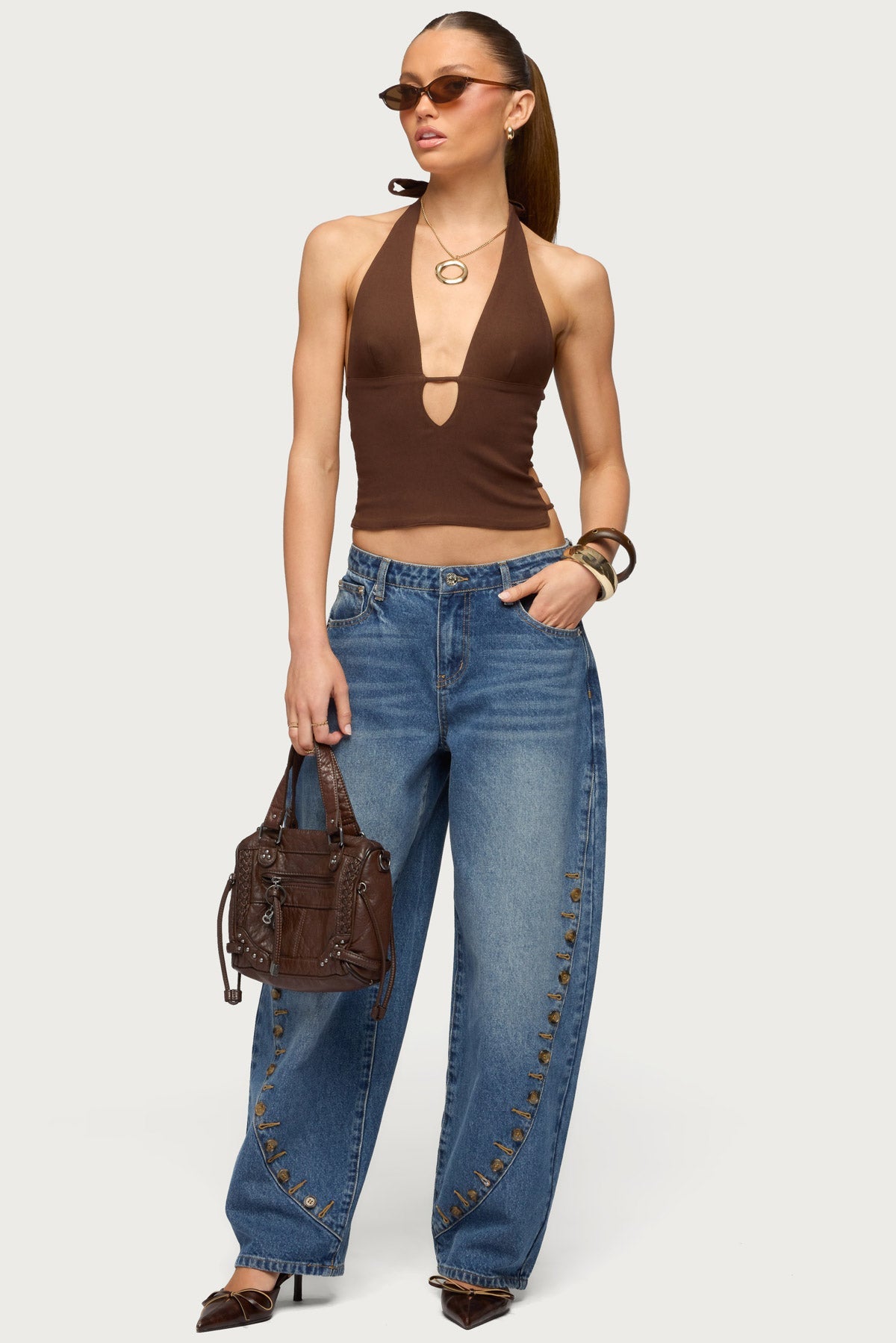 Button Stitch Low Rise Barrel Jeans