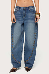 Button Stitch Low Rise Barrel Jeans
